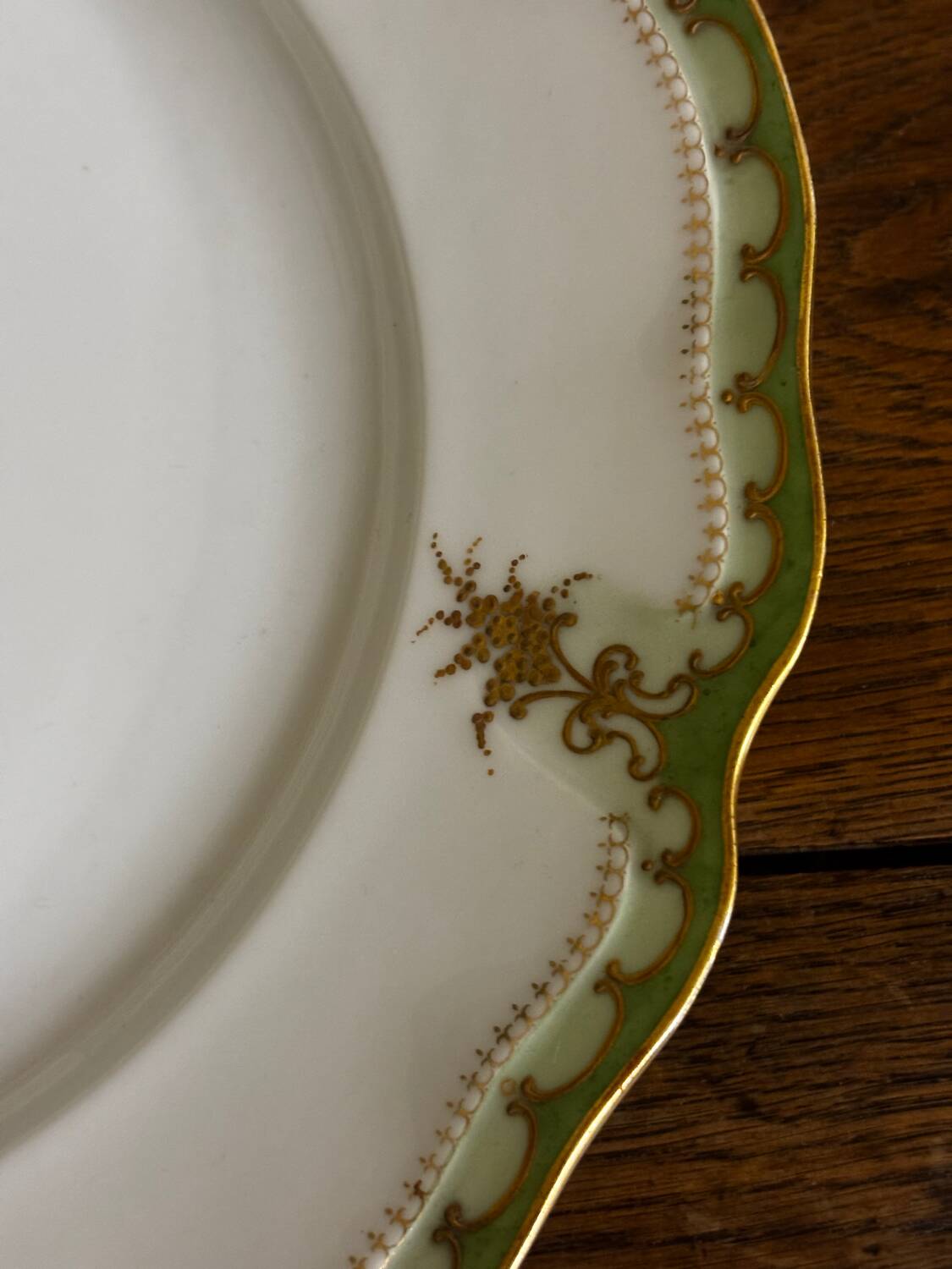 Vintage large round green porcelain serving platter with gold trim from Lim