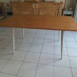 Vintage belt table and pearl gray compass base, wooden top