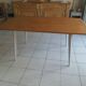 Vintage belt table and pearl gray compass base, wooden top