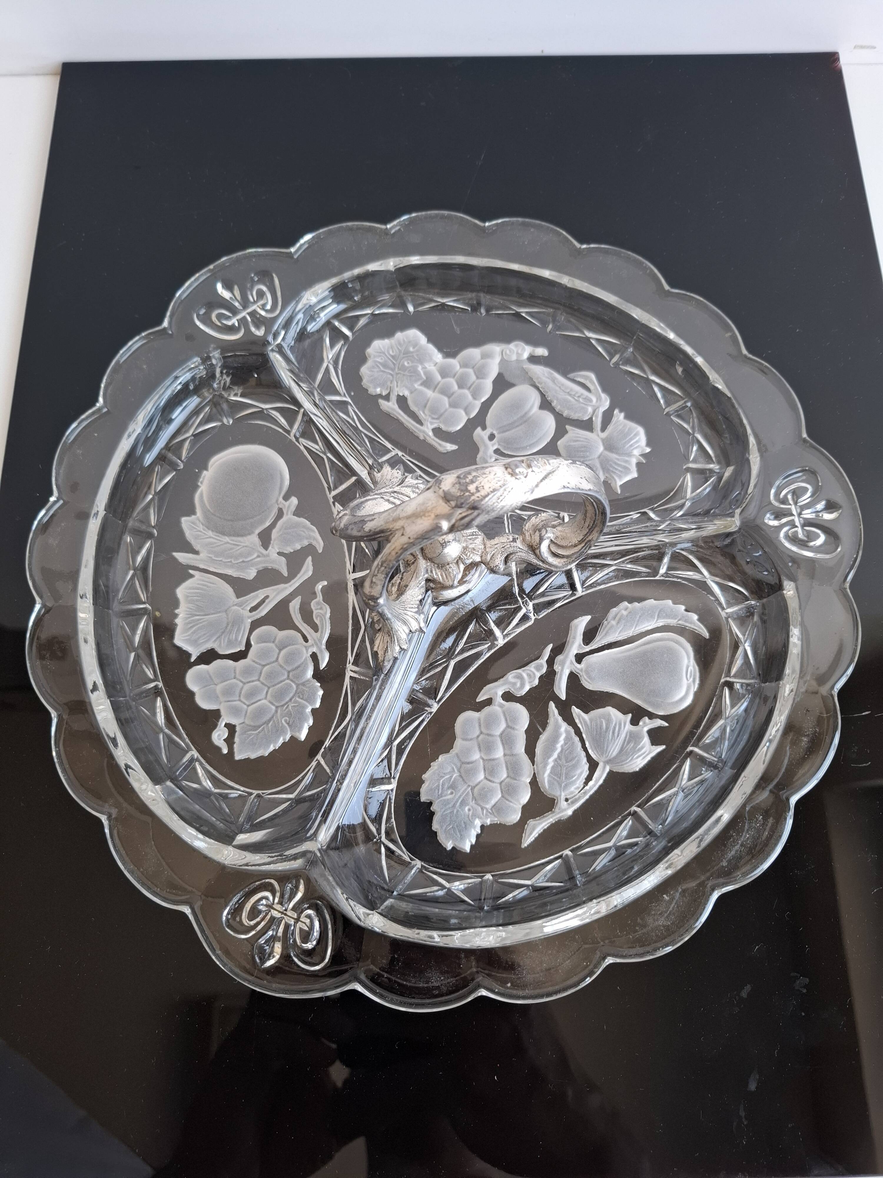 Art Deco Pressed Glass Divided Serving Dish with Alpaca Handle, 1930