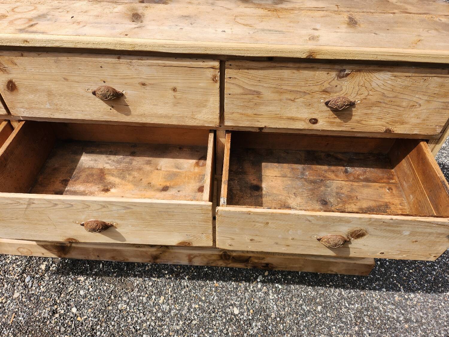 Antique fir wood workshop cabinet with drawers