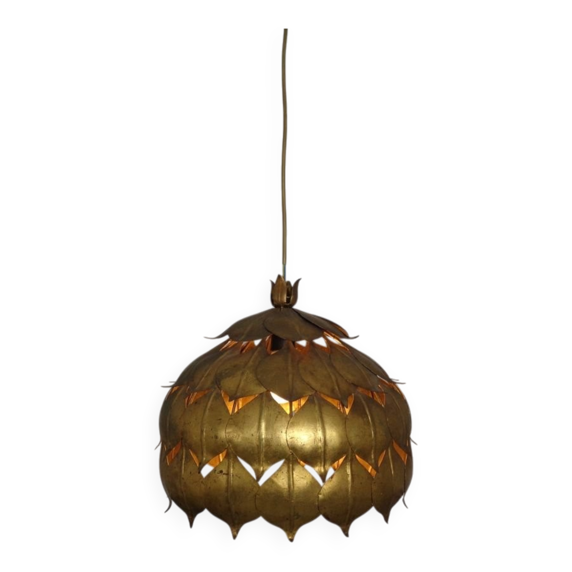 Large French Brass Lotus Ceiling Lamp, 1940s