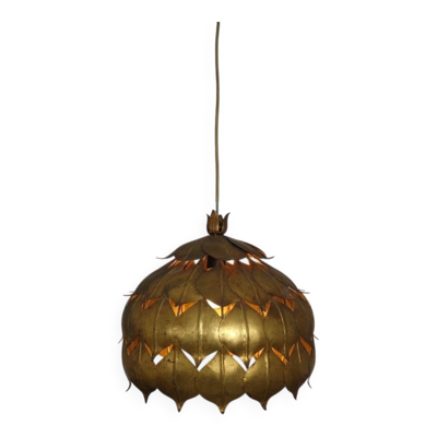 Large French Brass Lotus Ceiling Lamp, 1940s
