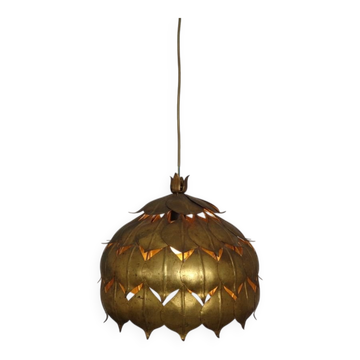 Large French Brass Lotus Ceiling Lamp, 1940s