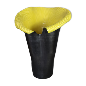 Vase collerette céramique lustrée Elchinger, intérieur jaune vintage 1950/60