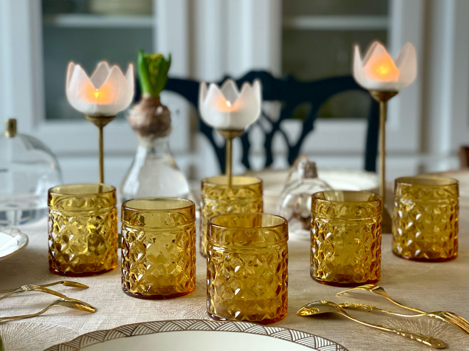 3 glass and brass candle holders