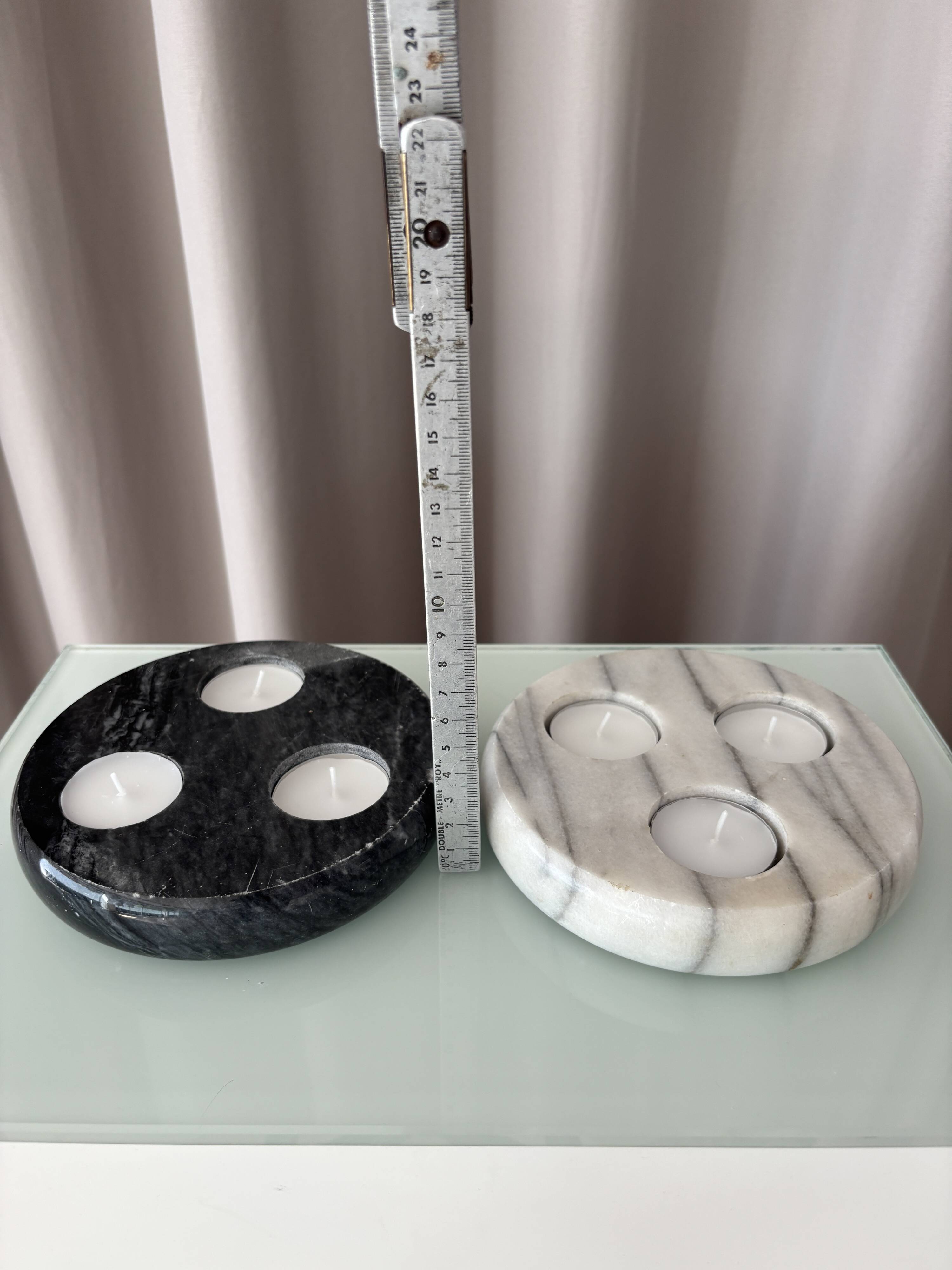 Pair of Vintage Marble Triple Tealight Candle Holders – Black & White