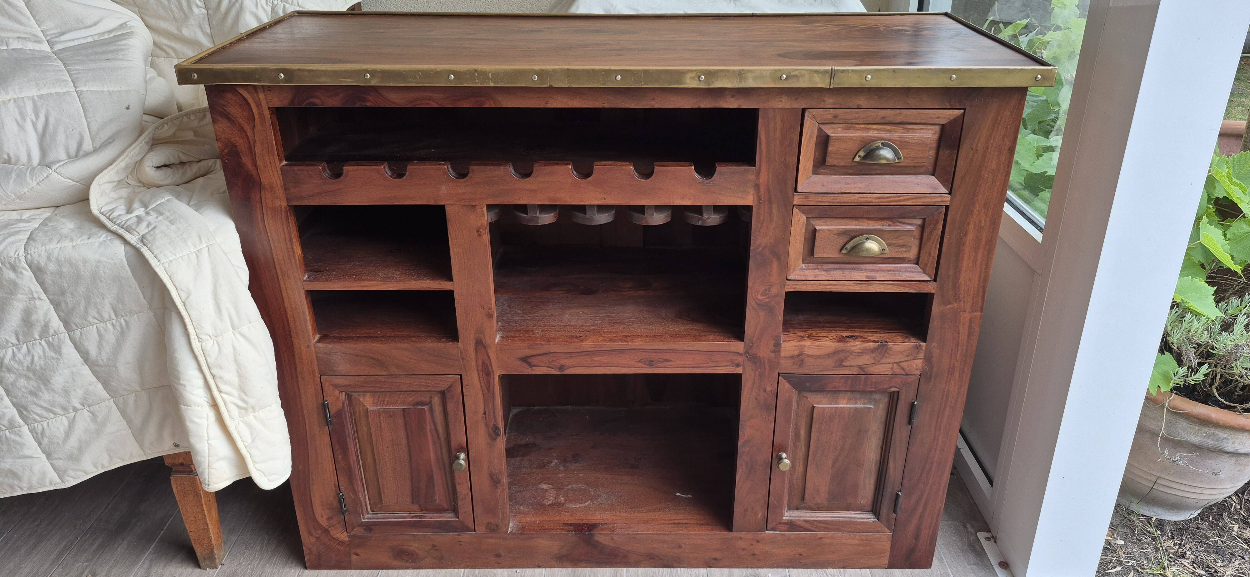 Solid teak and brass bar cabinet