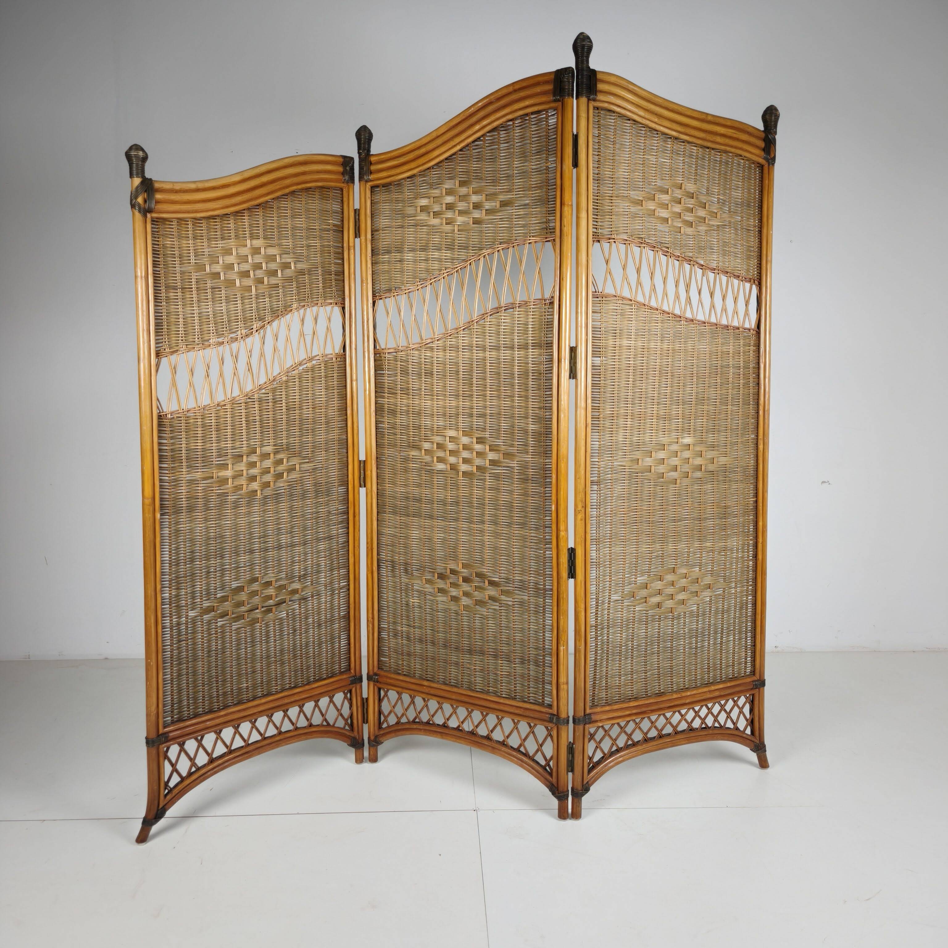 1970s Three-Panel Rattan Room Divider with Wicker Panels