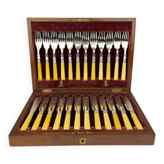 Antique Silver-Plated Fish Knives and Forks for 12 People from Sheffield, England, 1910s, Set of 24