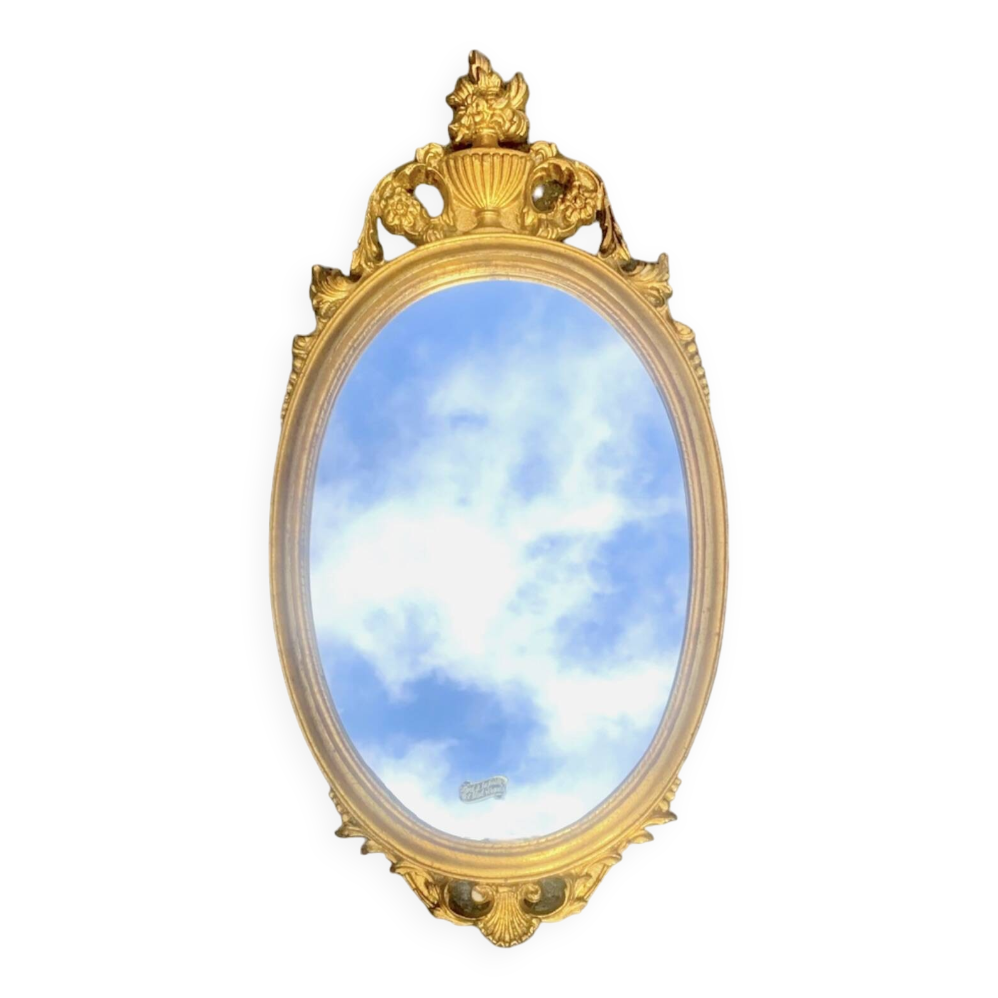 Ancien miroir ovale en résine dorée à la feuille - style baroque - 73 cm