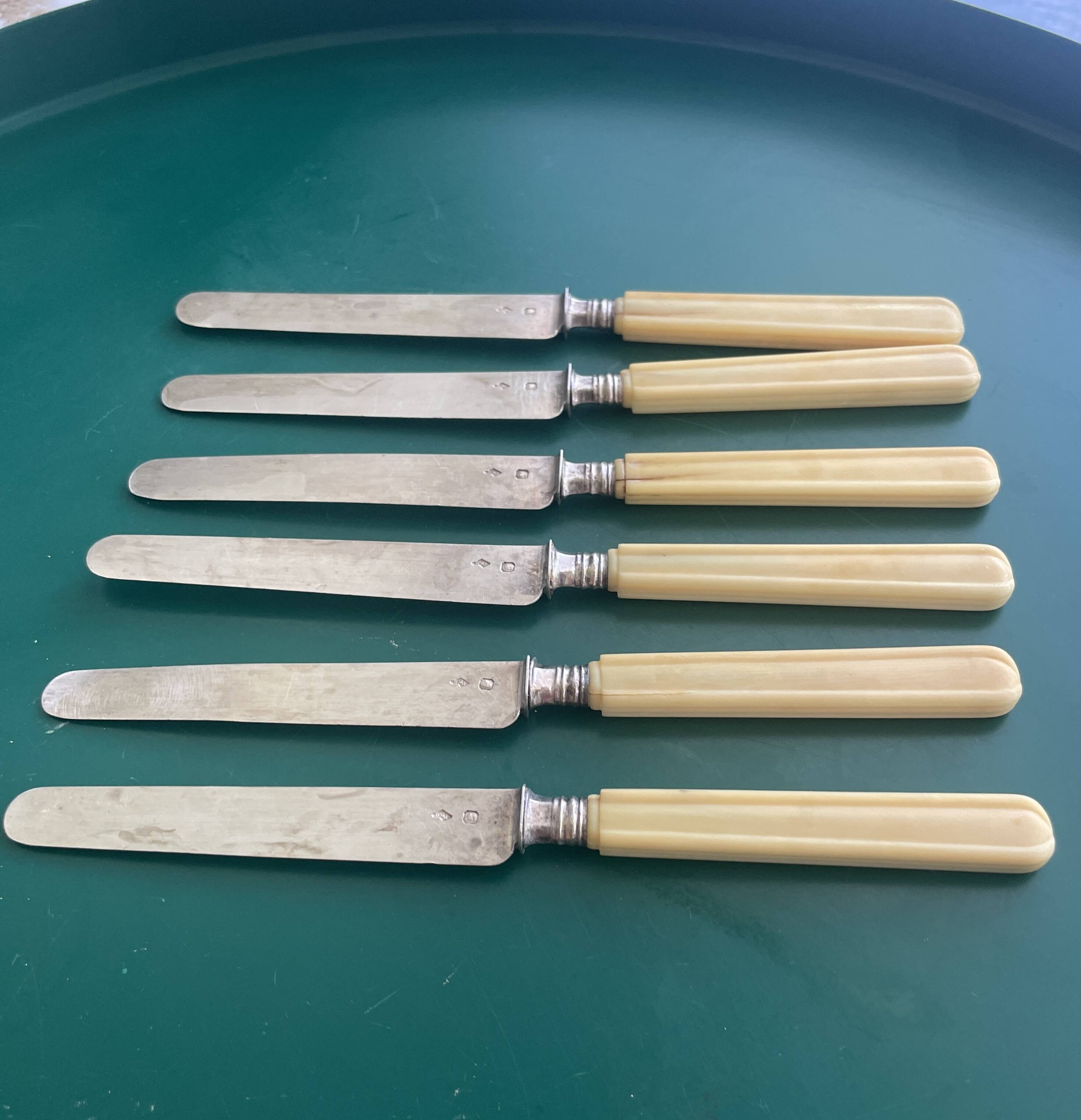 6 silver and ivory dessert knives