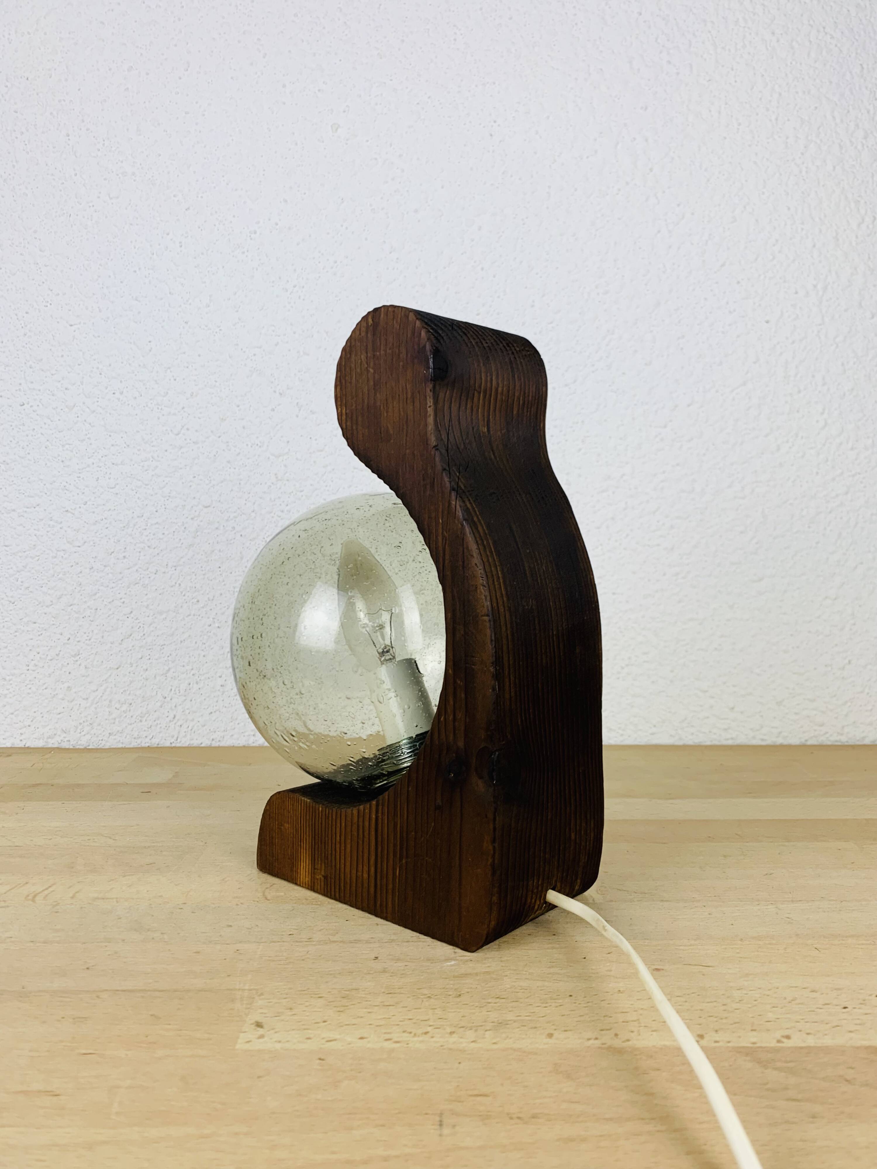 Brutalist lamp Temde Leuchten 1970s pine and glass globe