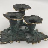 3-flower brass candlestick with green patina