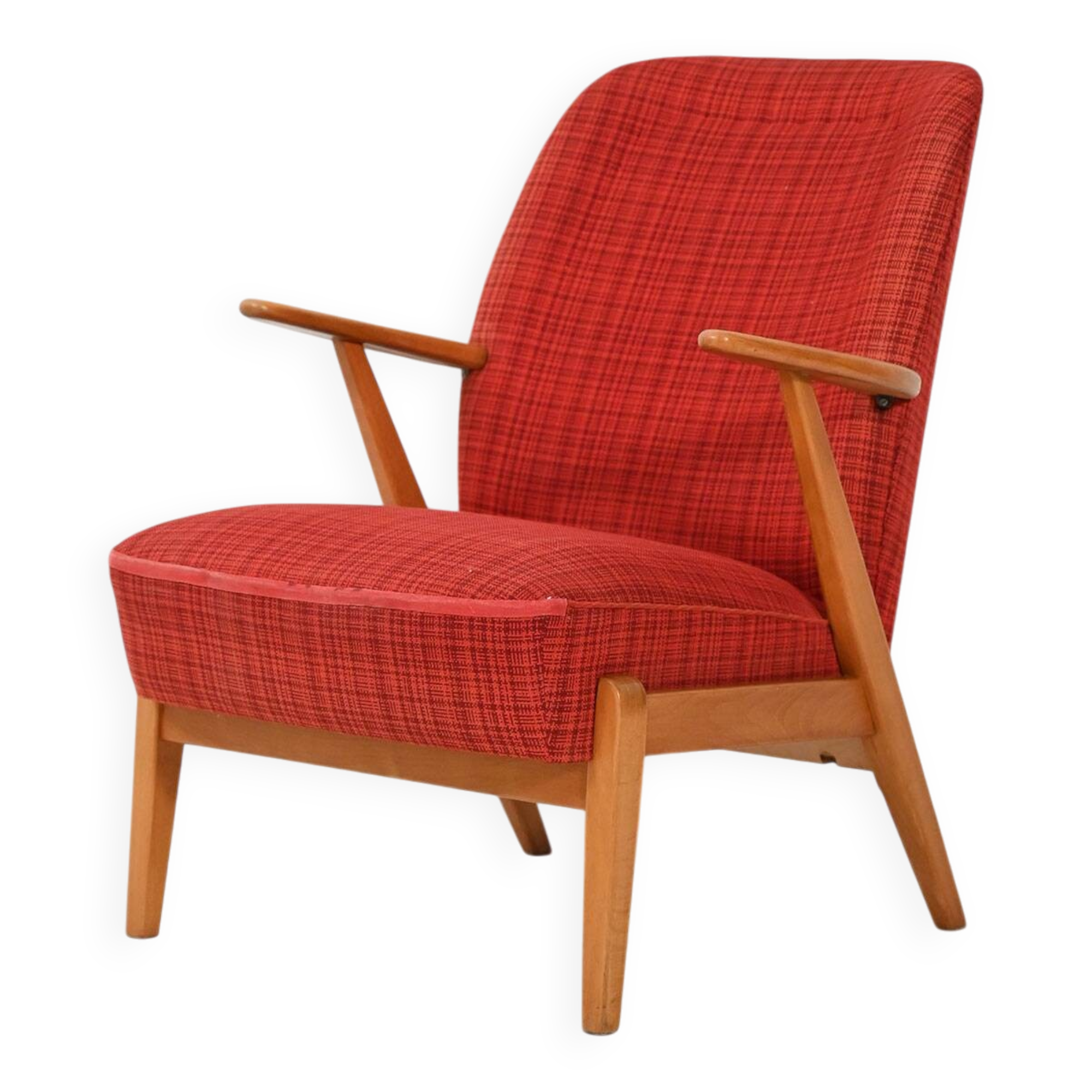Scandinavian 1950s Beech Armchair with red upholstery