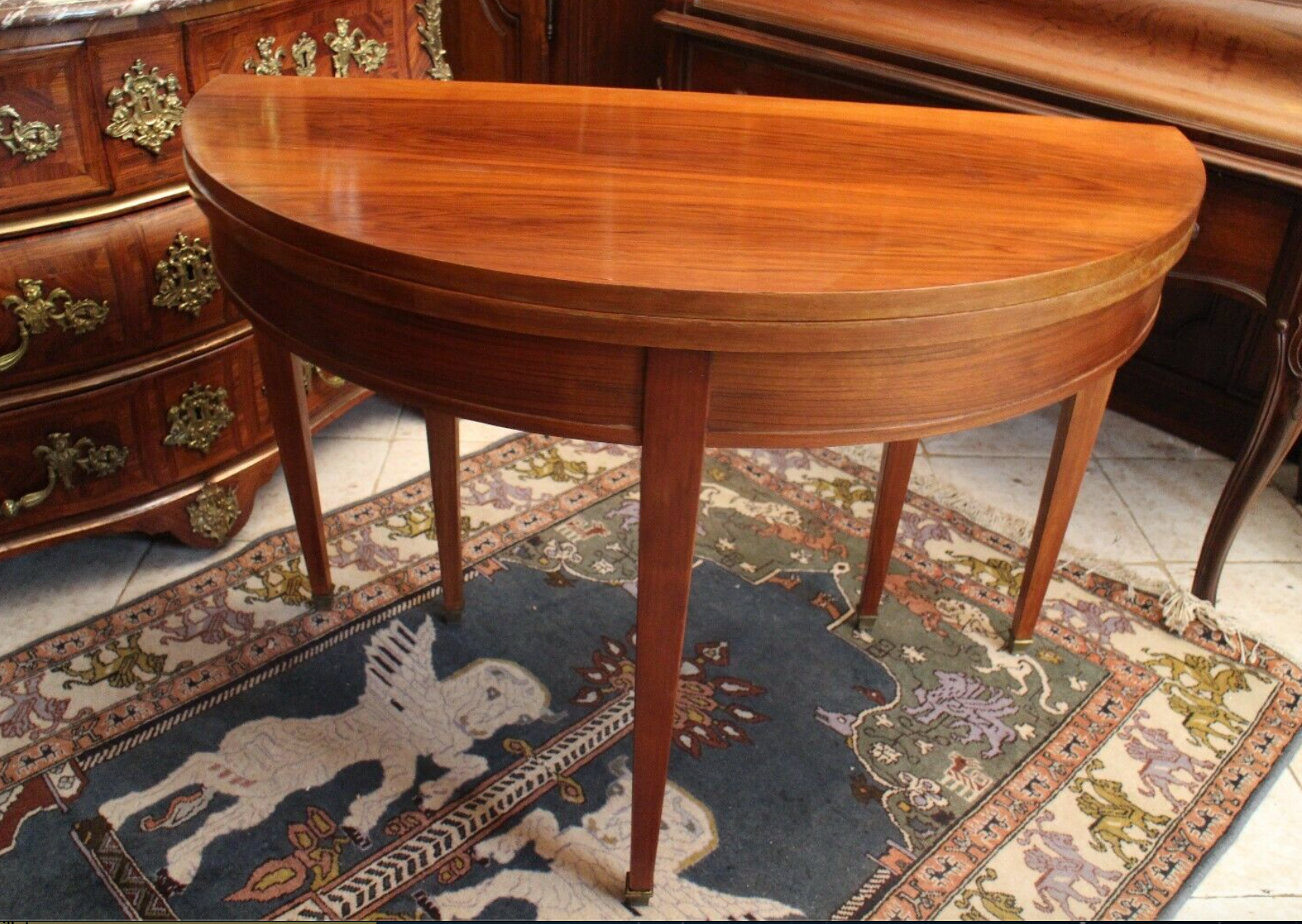 Louis XVI-style blond walnut half-moon console table