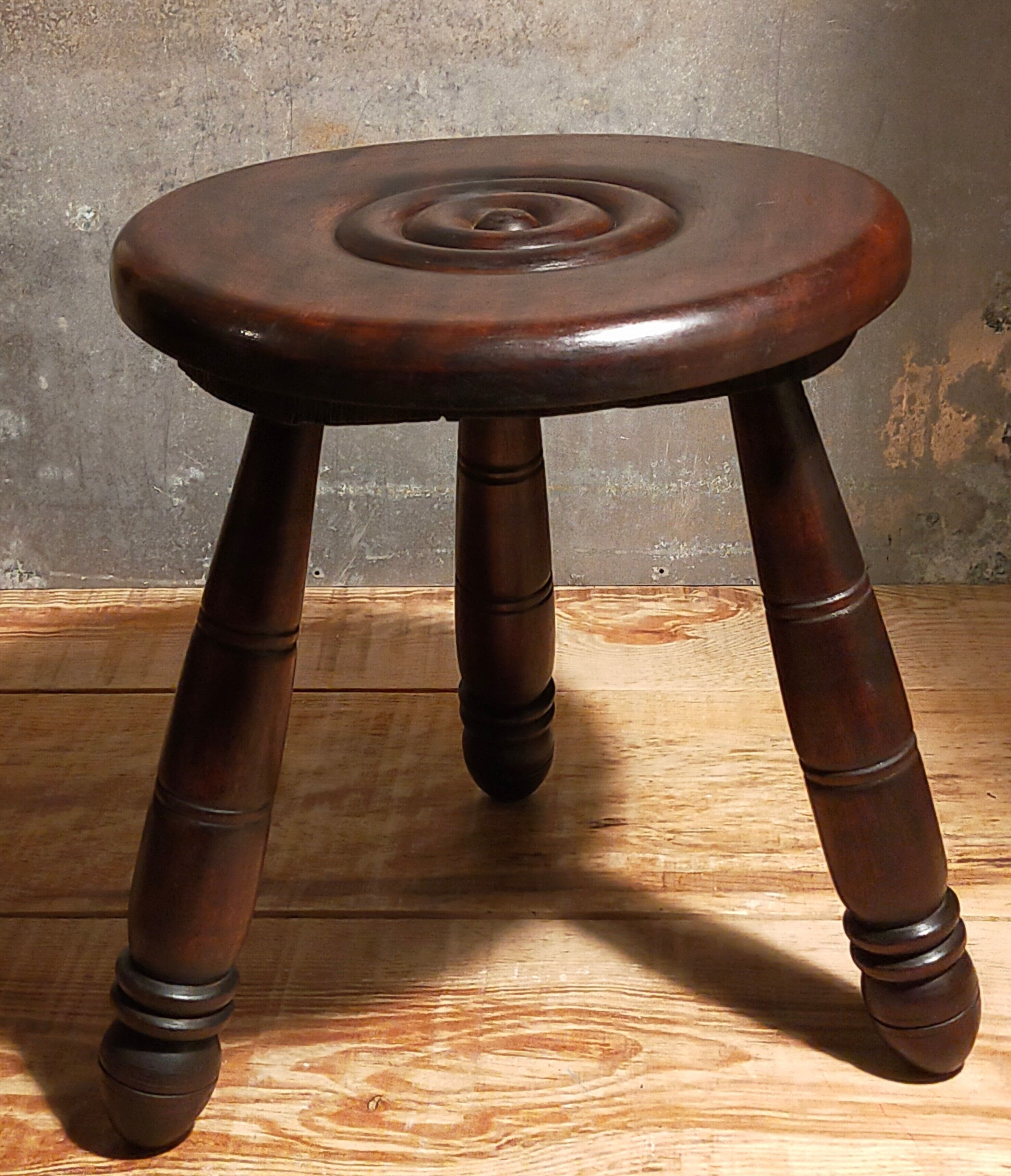 Tripod stool solid wood turned vintage