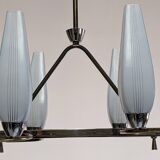 Eight-light chandelier in glass and brass, France circa 1960.