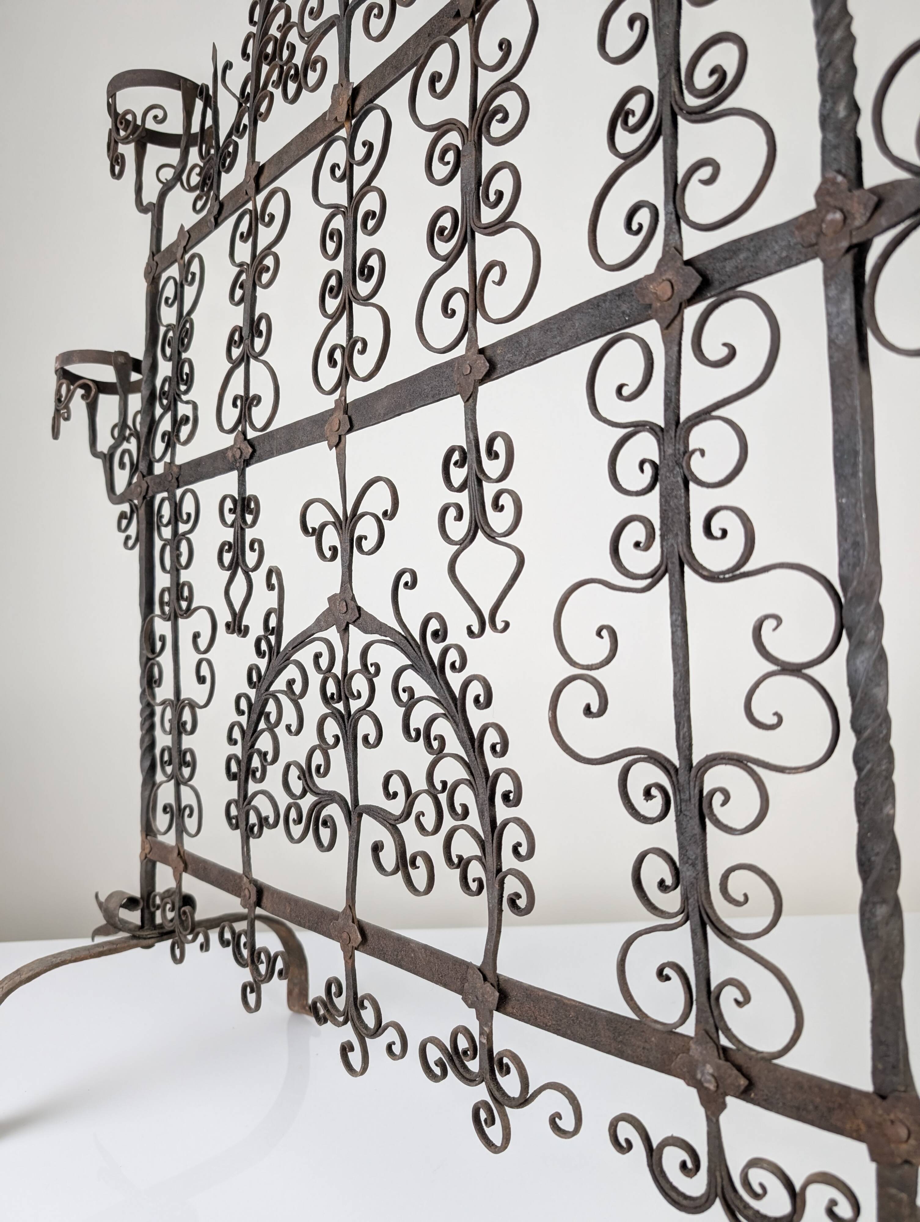 Spanish Wrought Iron Fireplace Screen Candelabra, Arts and Crafts, 1880s