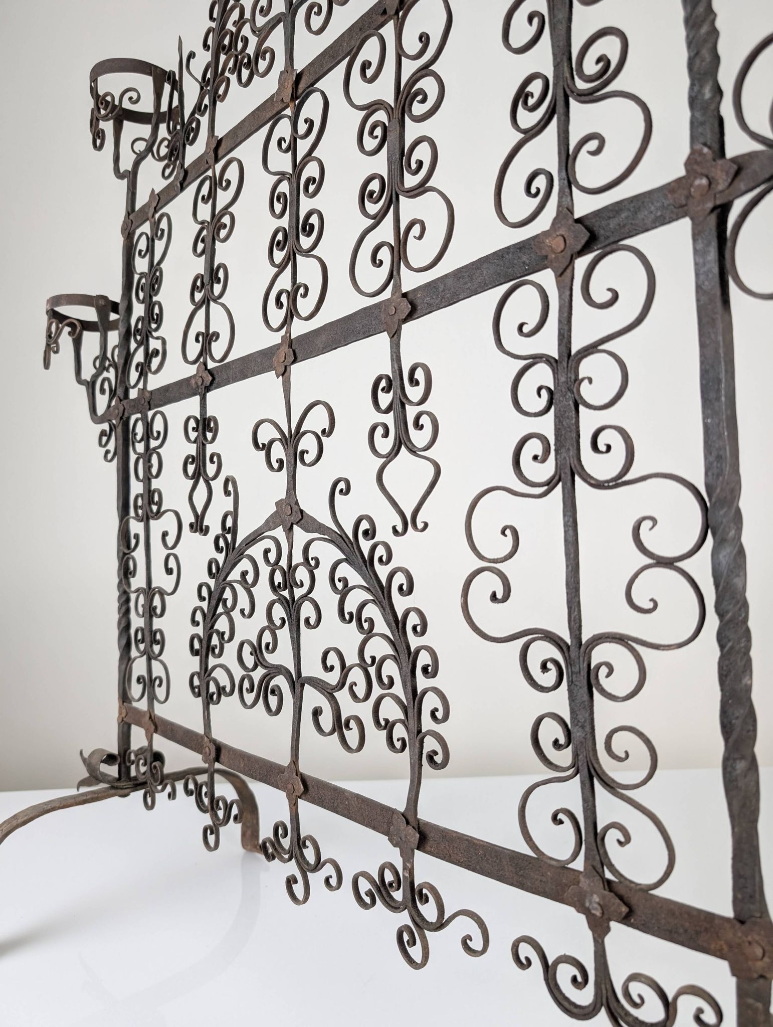 Spanish Wrought Iron Fireplace Screen Candelabra, Arts and Crafts, 1880s