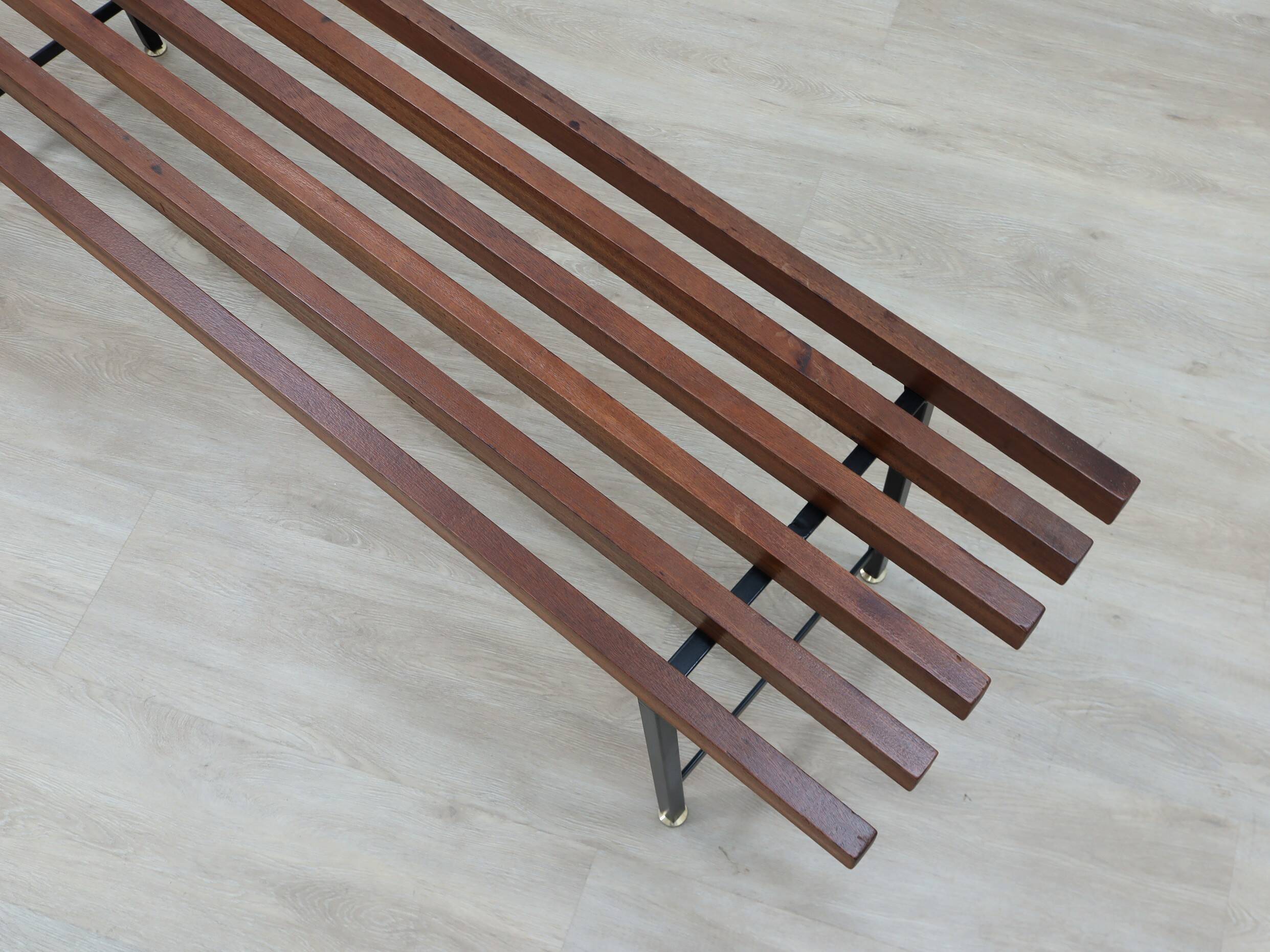 Mid-Century slatted teak bench with iron frame Italy 1950s