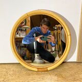 Miroir rond vintage en rotin du danemark | miroir boho scandinave