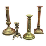 Set of 4 disparate brass candlesticks