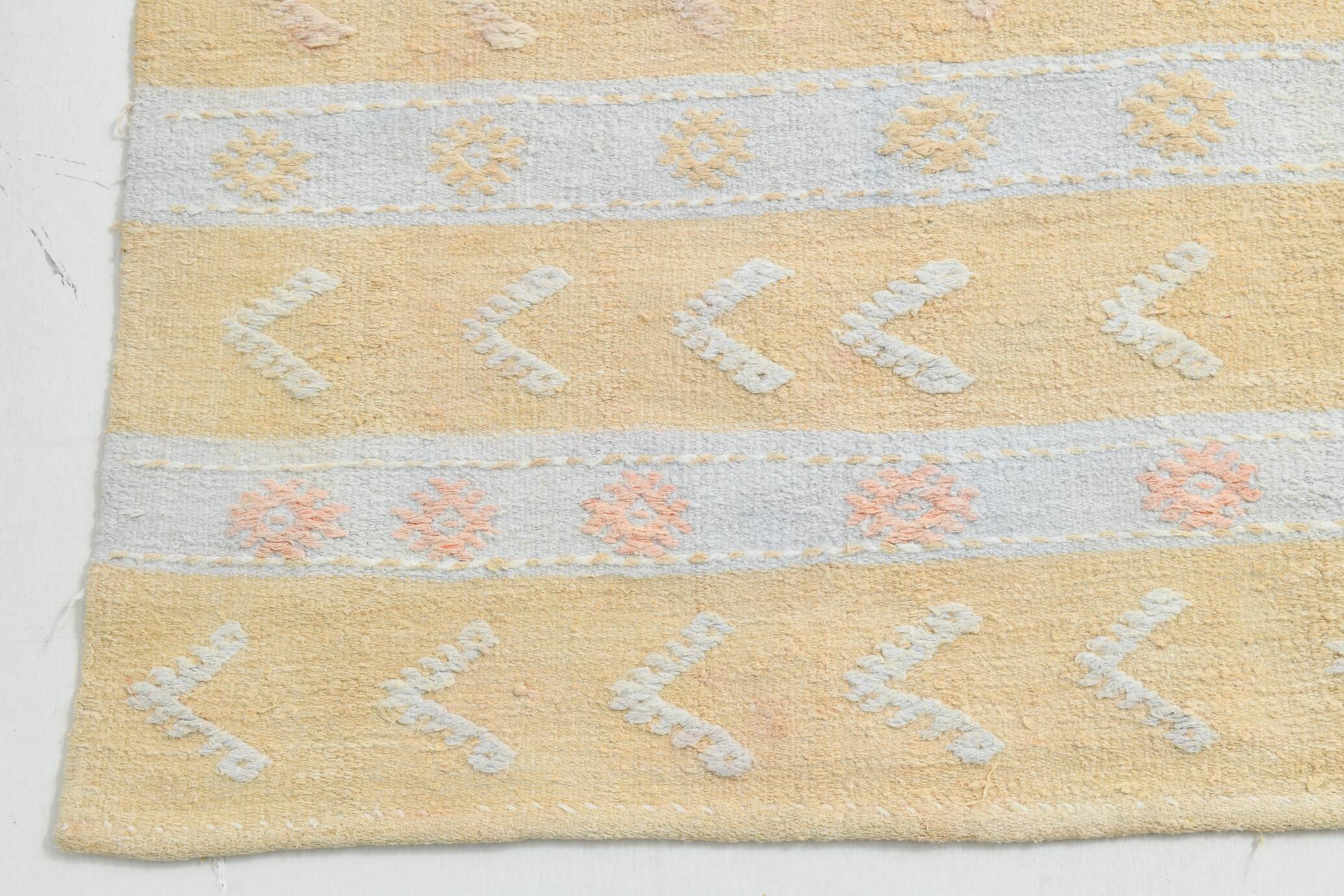 Soft Beige & Mustard Yellow Striped Wool Kilim Rug, 155x396