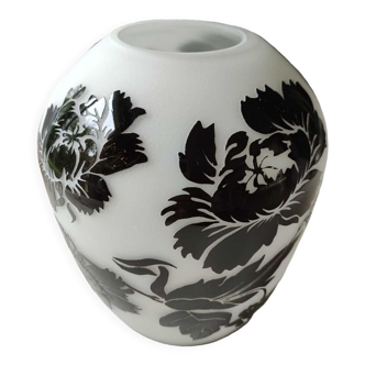 Asian-inspired opaline glass vase, with black floral motifs inclusions