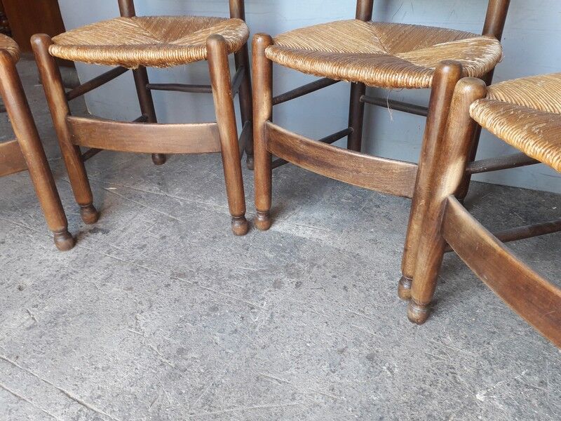 4 modernist chairs design wood and straw era 1960/70