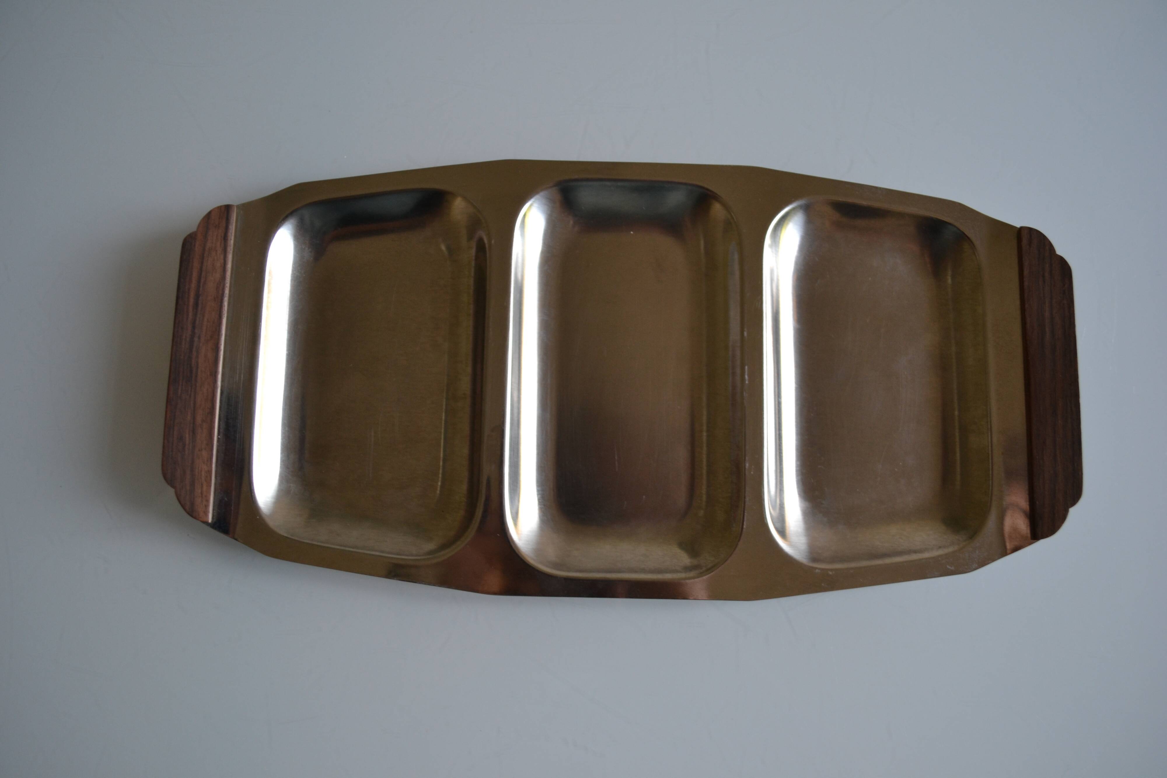 Plat de service vintage inox poignées teck made in Japan