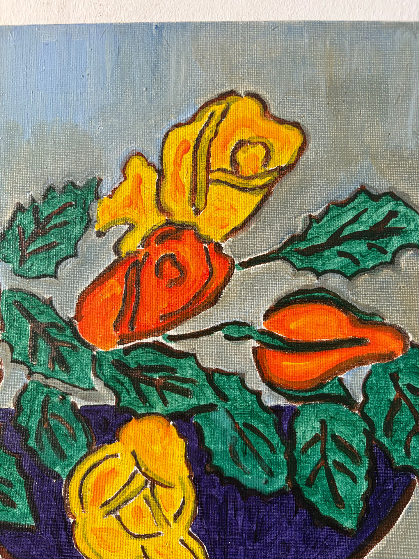 Blue bowl with flowers, oil on canvas signed 1982
