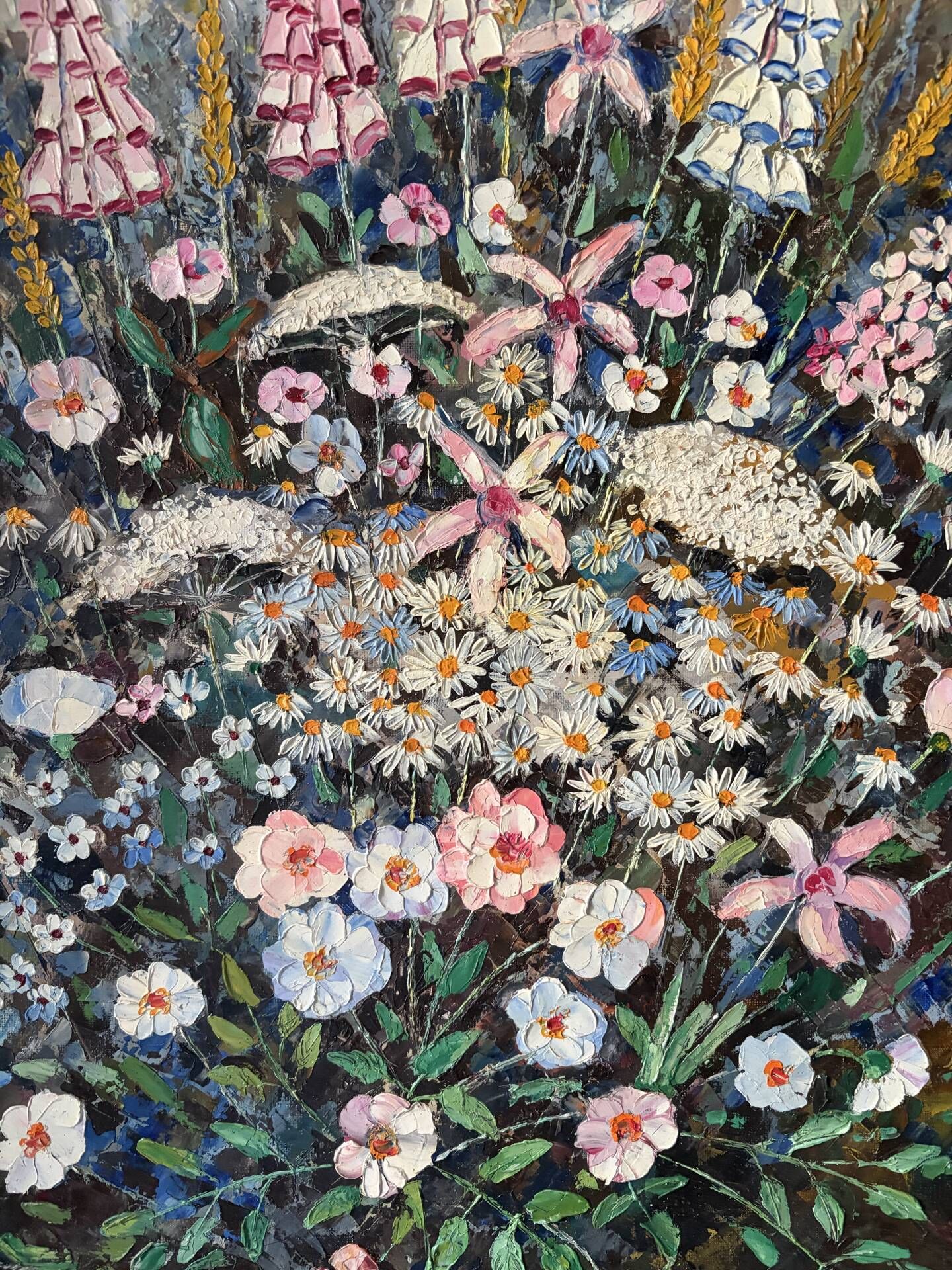 Wildflower bouquet with foxgloves, knife oil painting signed H Barro.