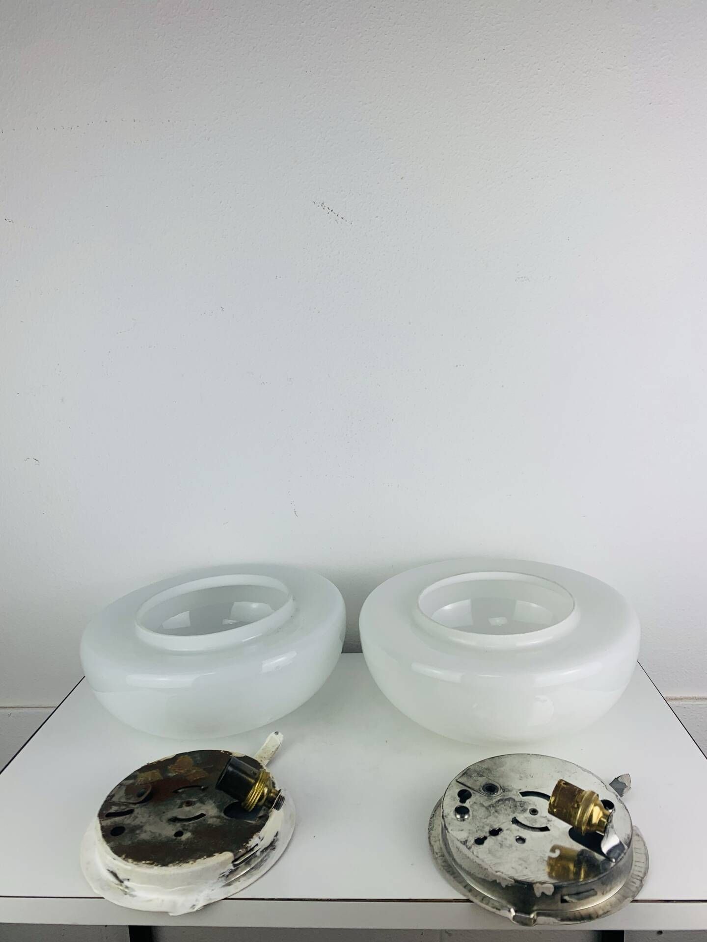 Pair of half-sphere wall lights in white opaline, Italy 1960