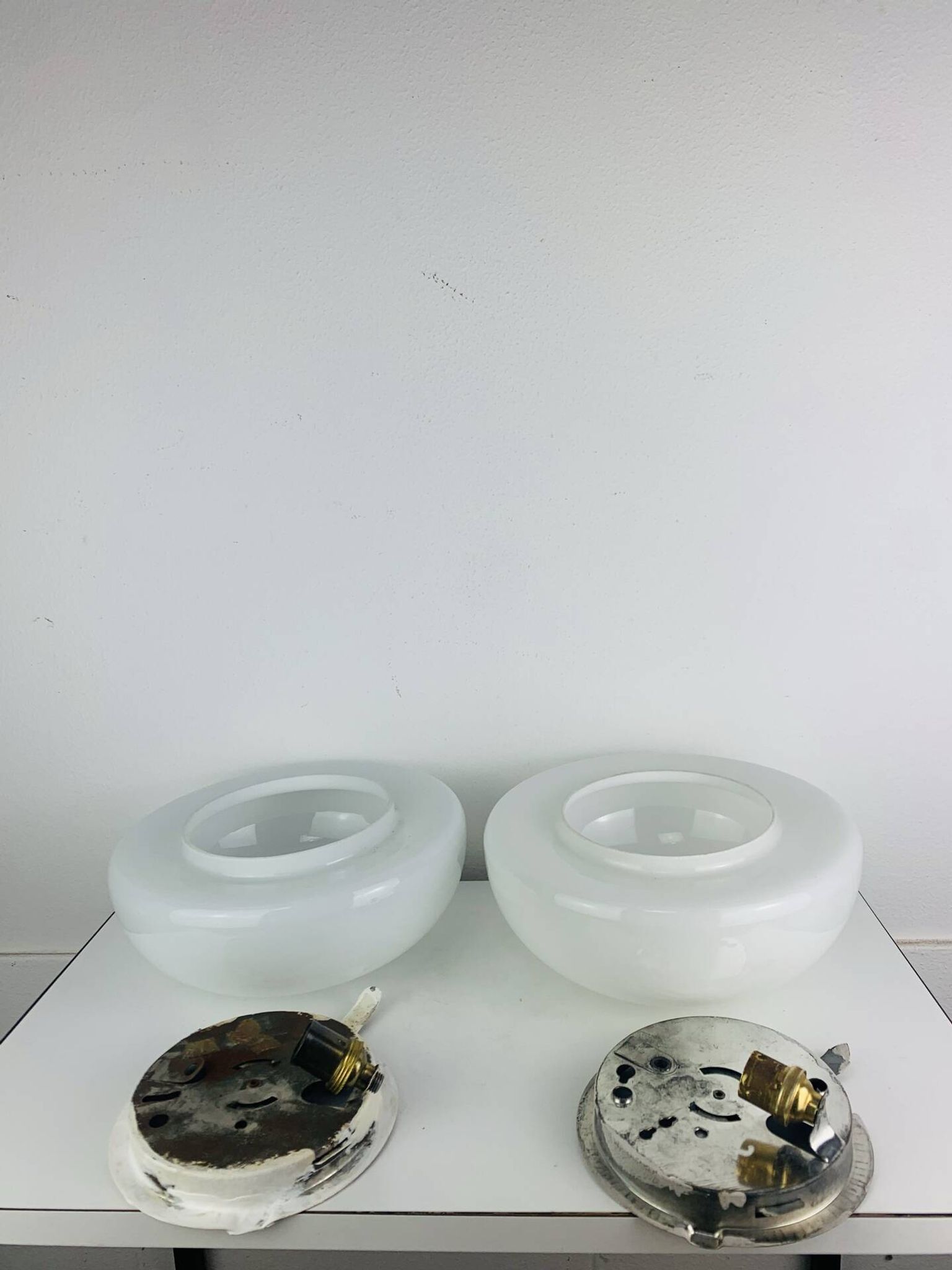 Pair of half-sphere wall lights in white opaline, Italy 1960
