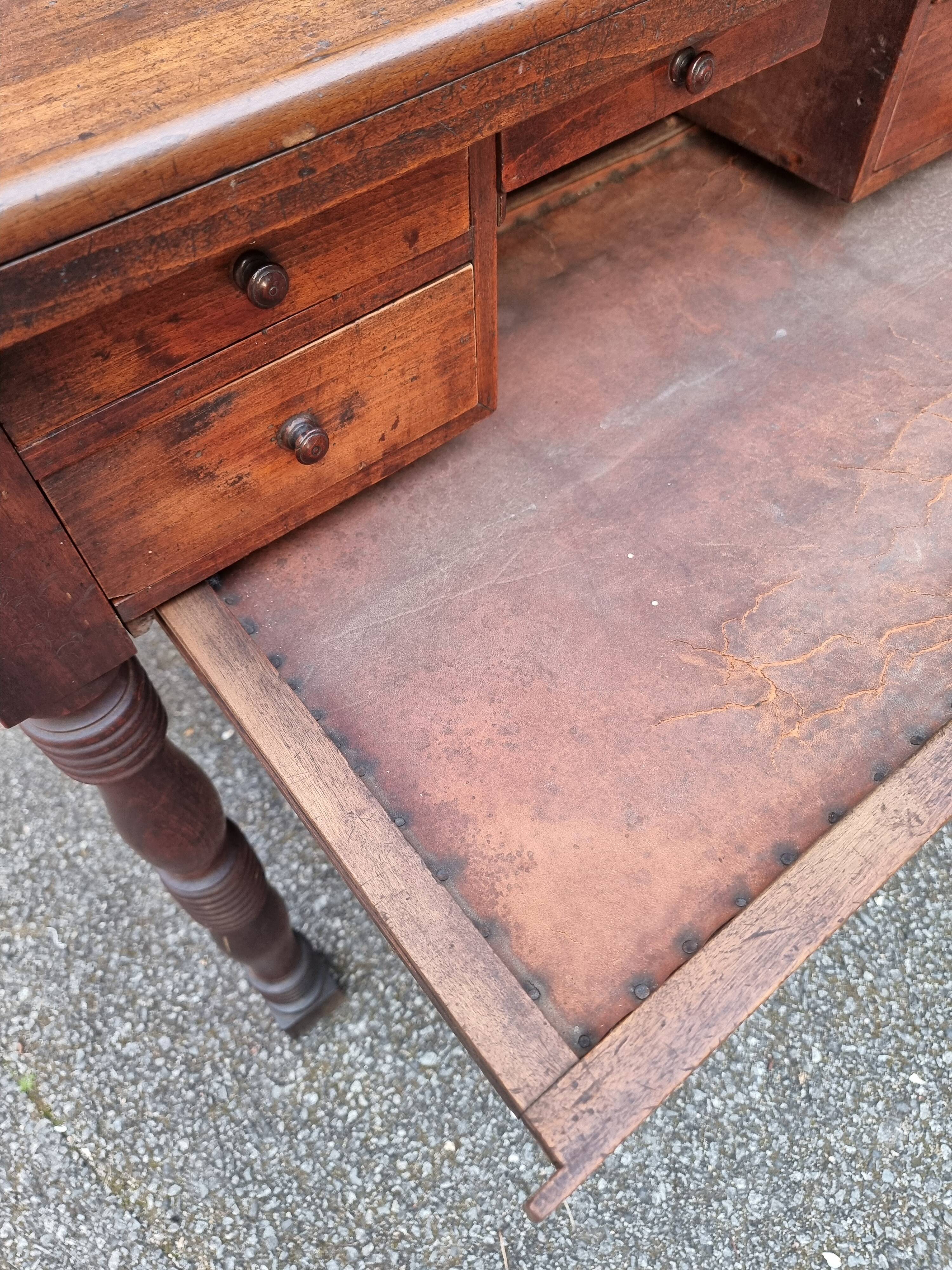 French antique watchmaker's bench – Table with drawers, vice, and original sliding leather surface – circa 1900