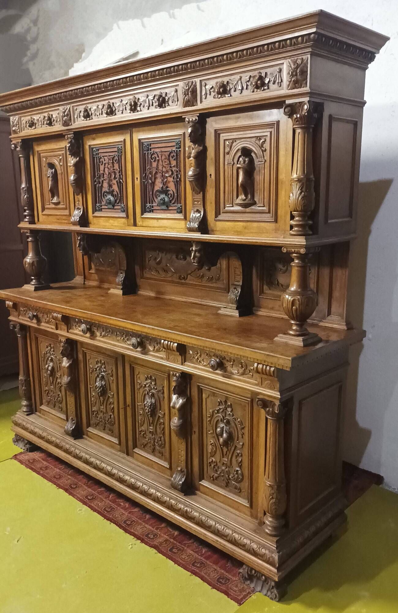 19th-century Renaissance walnut two-body buffet