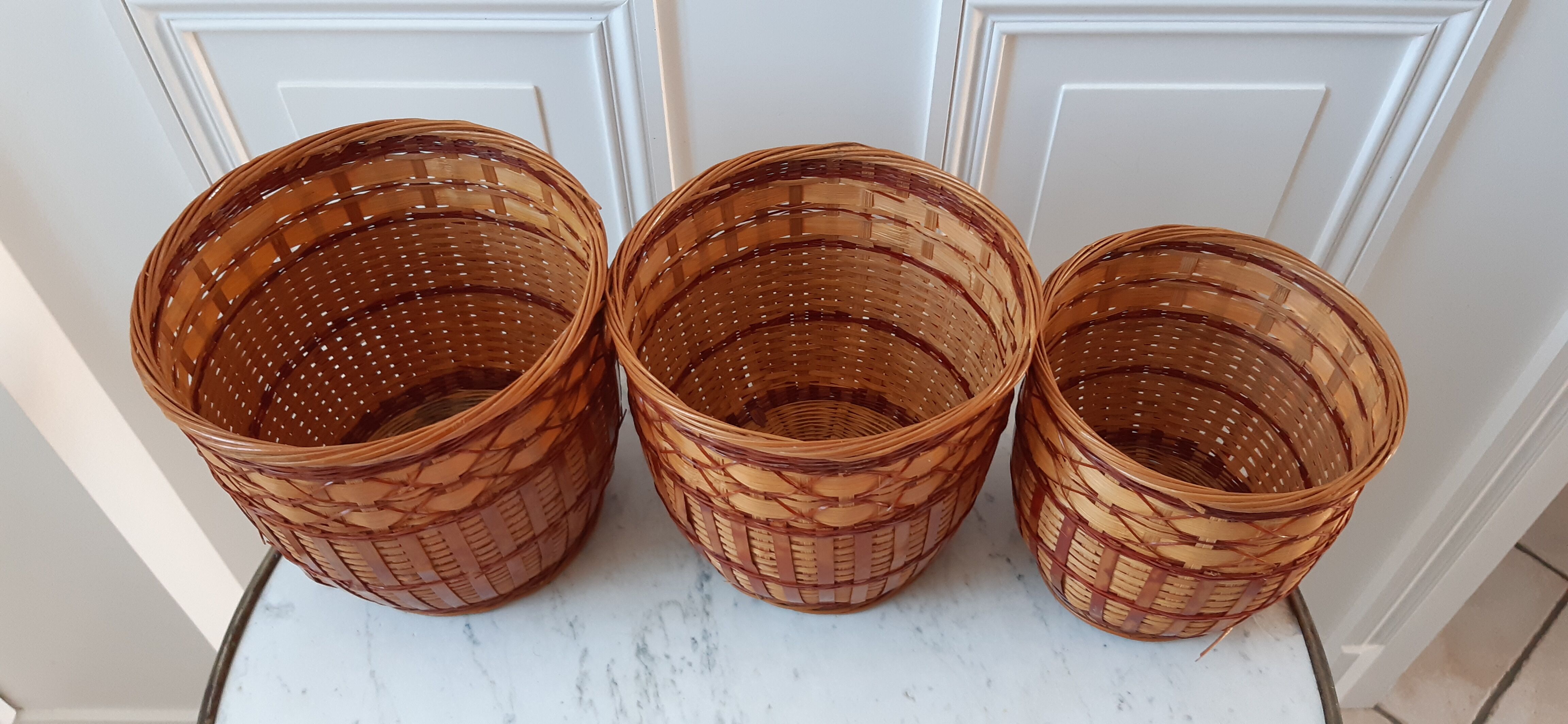 Trio of rattan and vintage bamboo pot covers 70s