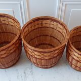 Trio of rattan and vintage bamboo pot covers 70s