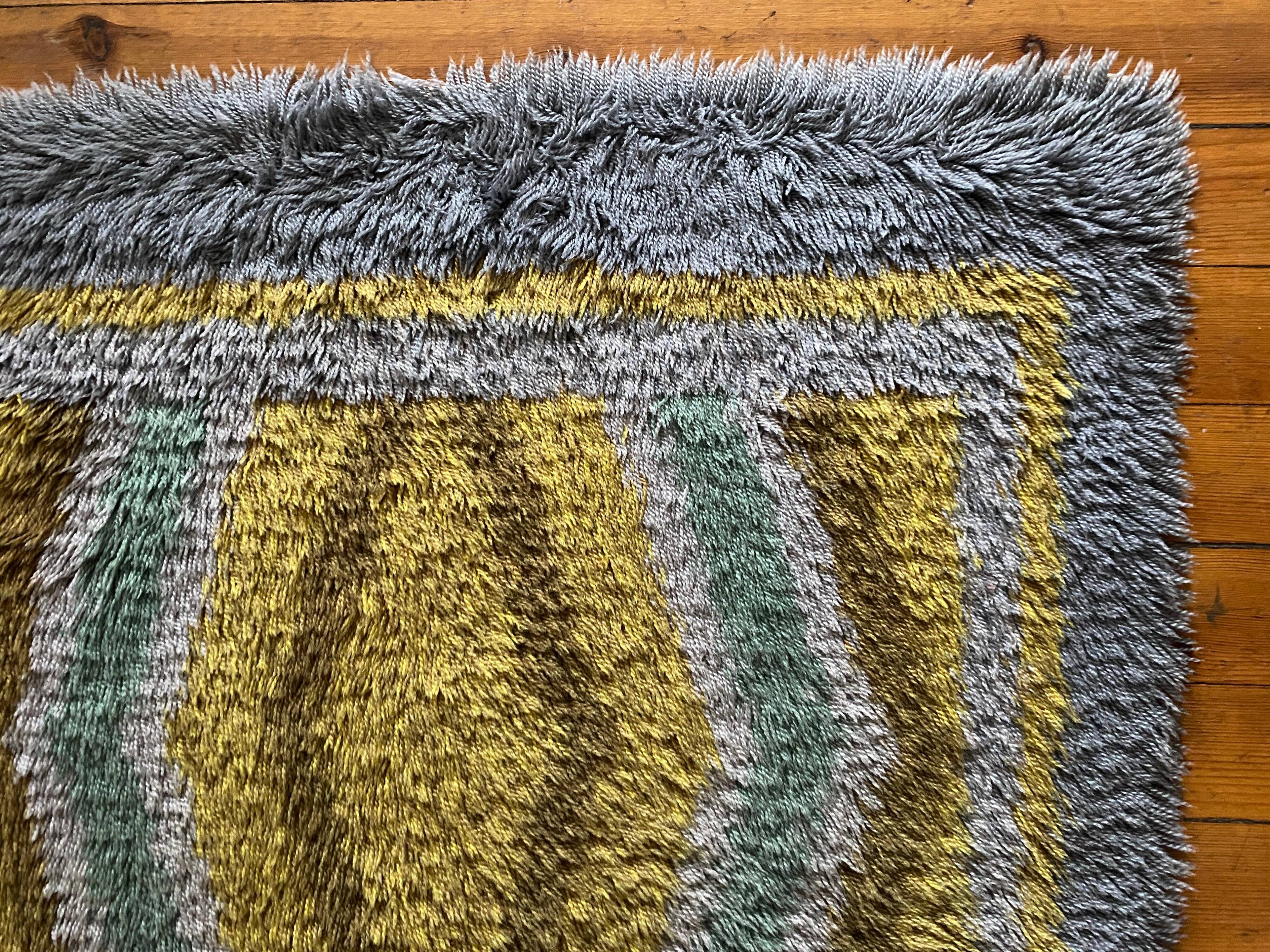Mid-century Modern High Pile, Yellow, Aquamarine & Grey Rya Rug, Sweden, 1960s