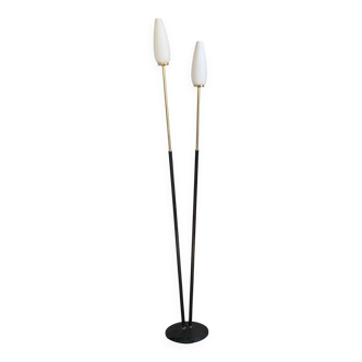 Lampadaire vintage metal noir et doré deux opalines