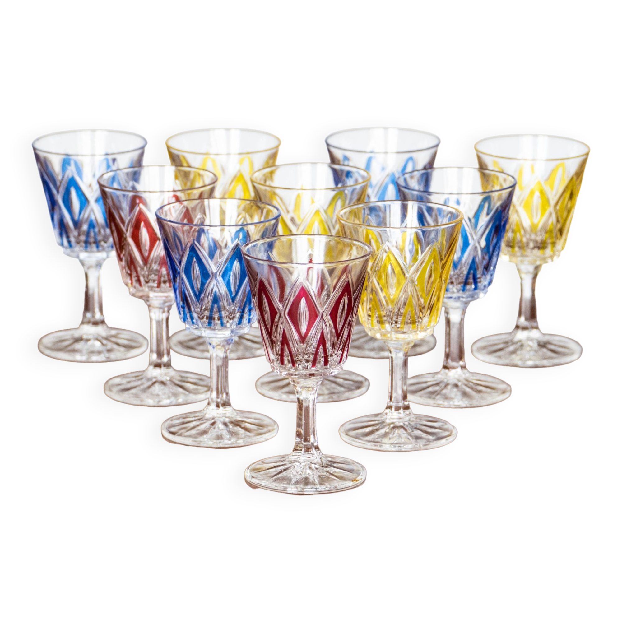 10 glasses with digestive Harlequin glassware of Reims multicolored