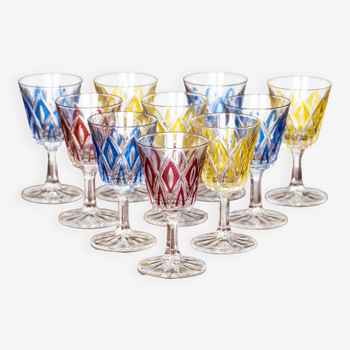 10 glasses with digestive Harlequin glassware of Reims multicolored