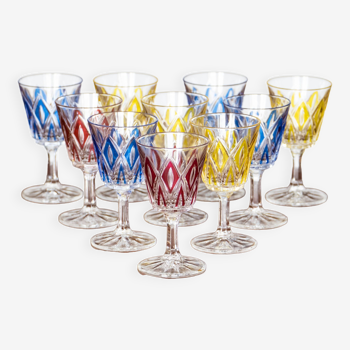 10 verres à digestif Arlequin verrerie de Reims multicolores
