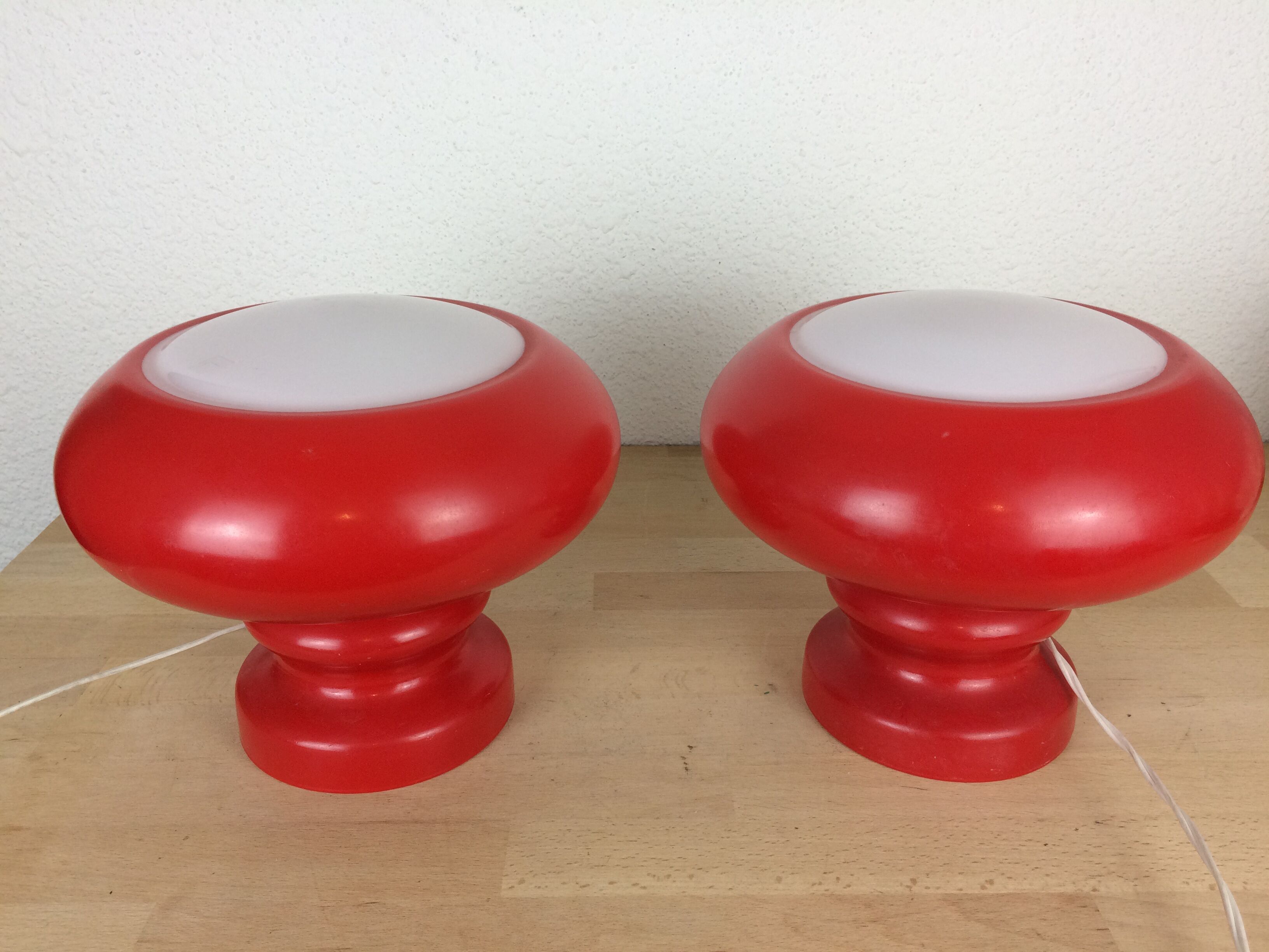 Pair of mushroom lamps red glass space age, 70s