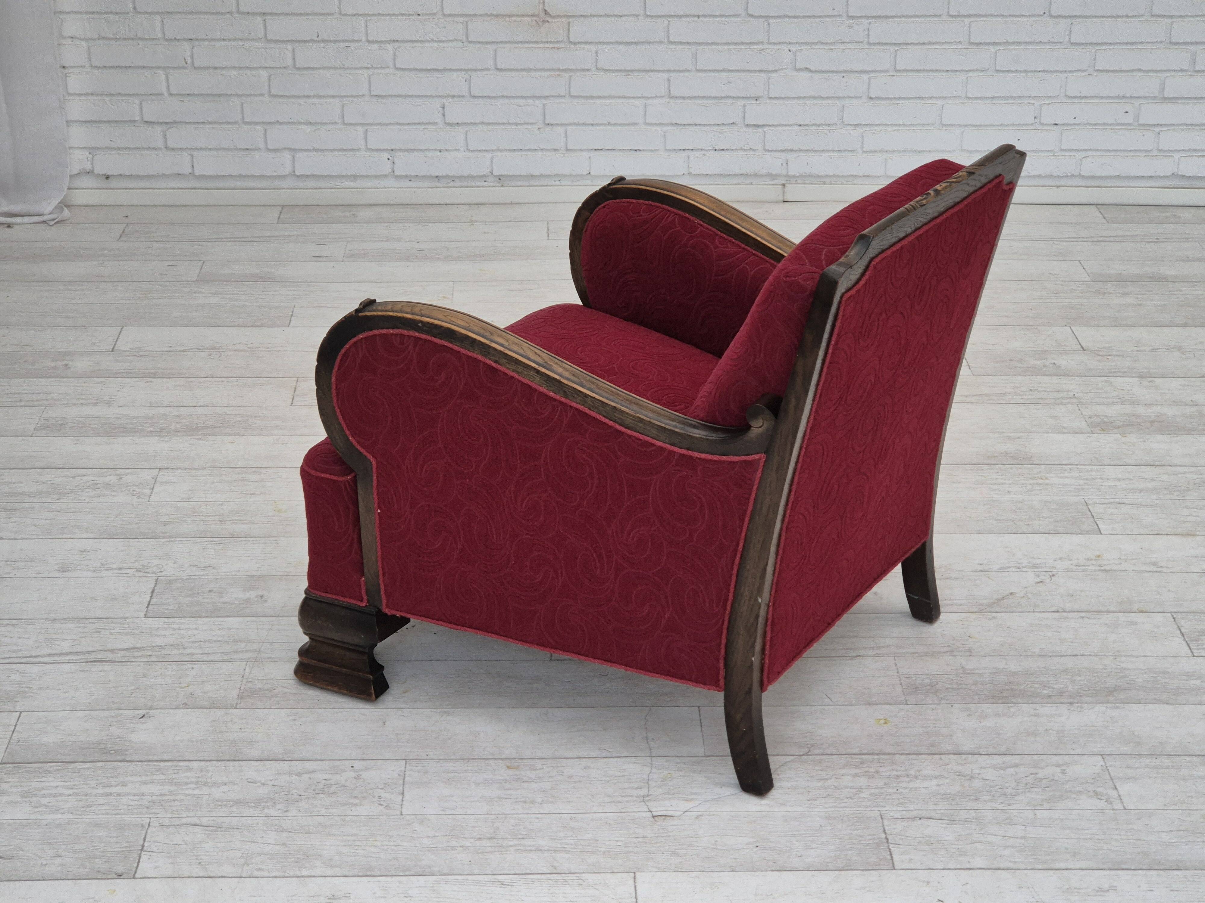 Fauteuil relax vintage danois des années 1950, tissu d'ameublement, bois de chêne, d'origine.