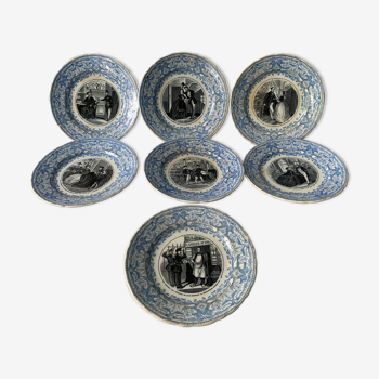 7 blue and black dessert plates Jules Vieillard Bordeaux 19th century Etrennes