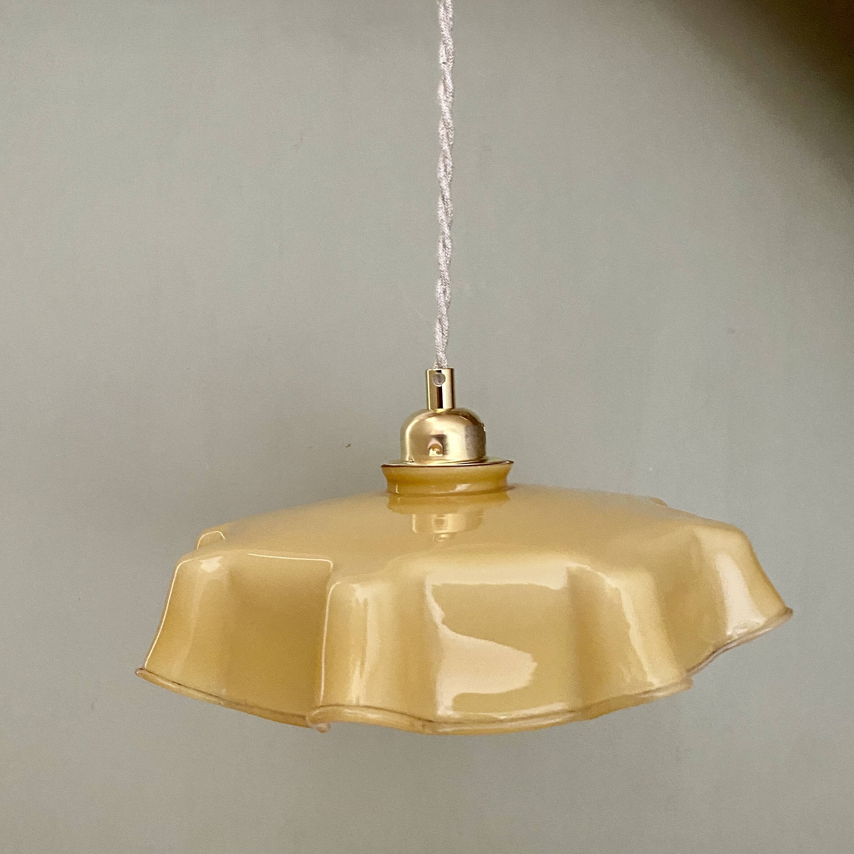 Pendant lamp with old yellow opaline lampshade