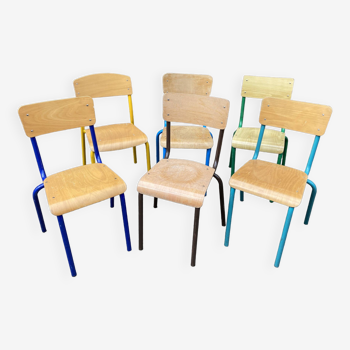 6 mismatched school chairs multicolor industrial vintage school community Mullca