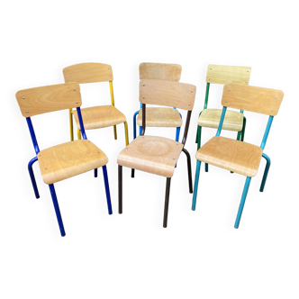 6 mismatched school chairs multicolor industrial vintage school community Mullca